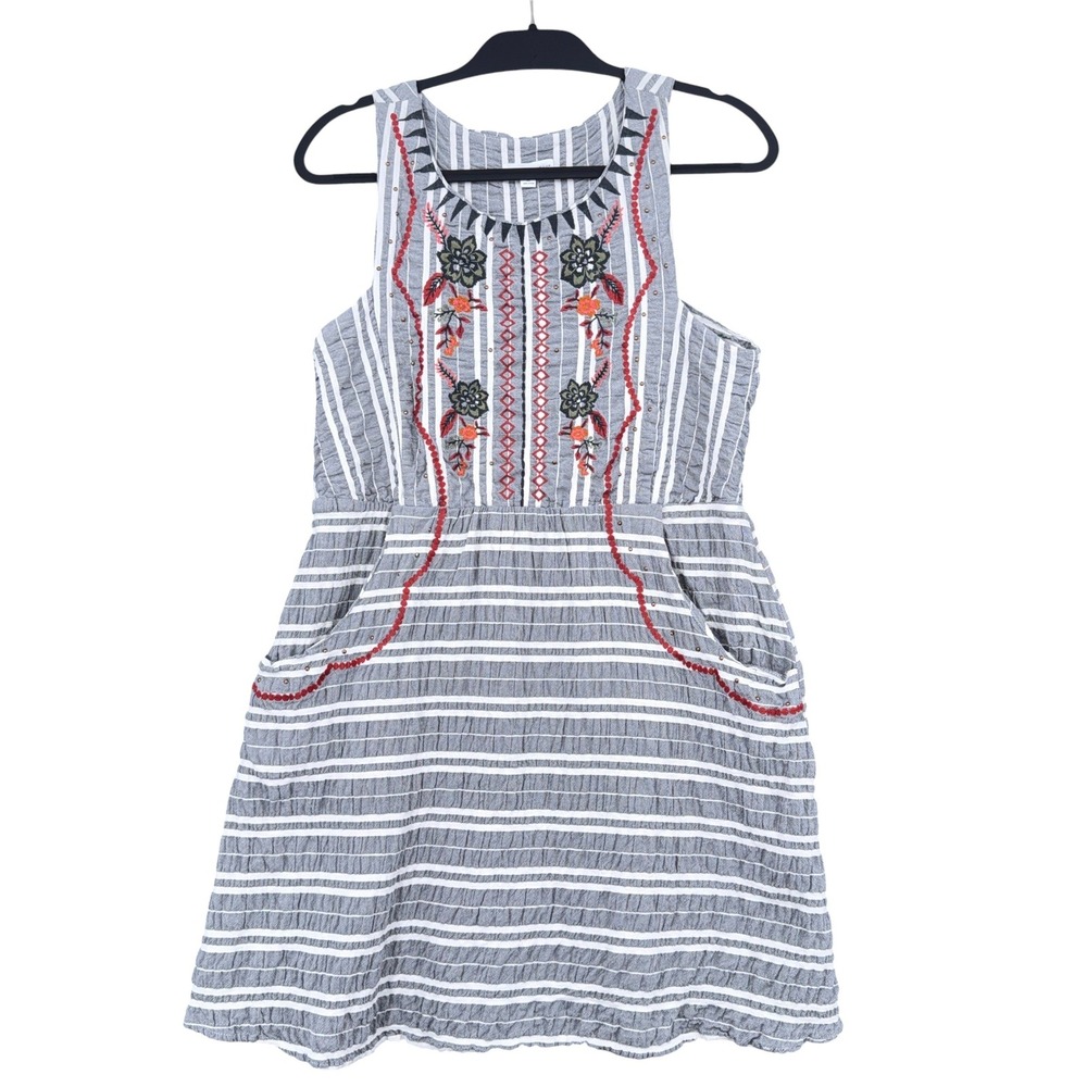 Coco + Jaimeson Embroidered Boho Dress Womens XL Cotton Linen Gray White